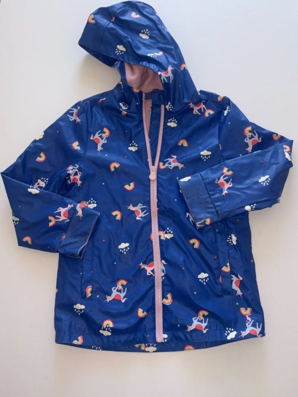 Joules Blue Raindance Unicorn Rubber Lined Hooded Rainbow Raincoat 7-8Y